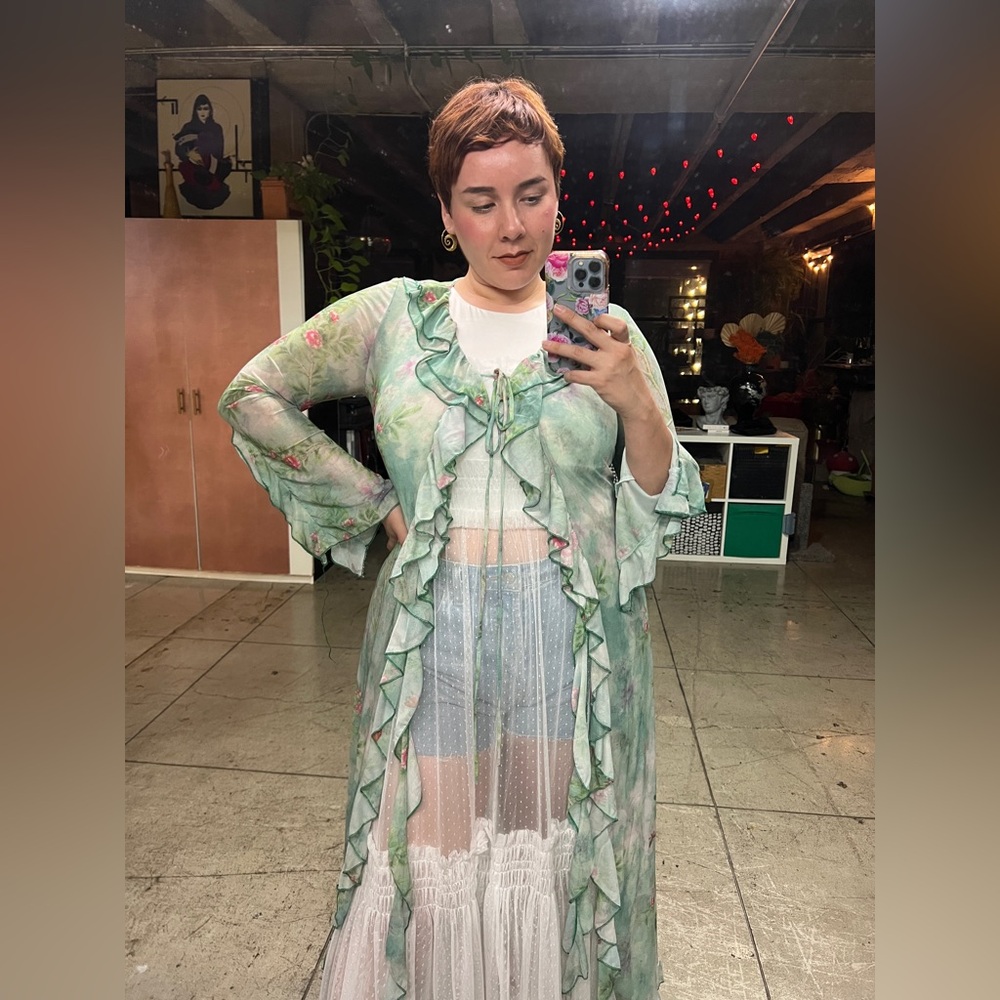 451B-GREEN. Floral Long Mesh Ruffled Cardigan - Picture 6 of 11